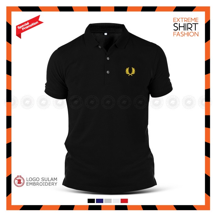 Polo T-Shirt Sulam Freds Perrys Design Logo Emas Gold Baju Lelaki Cotton Embroider Fashion Baju Lelaki Streetwear